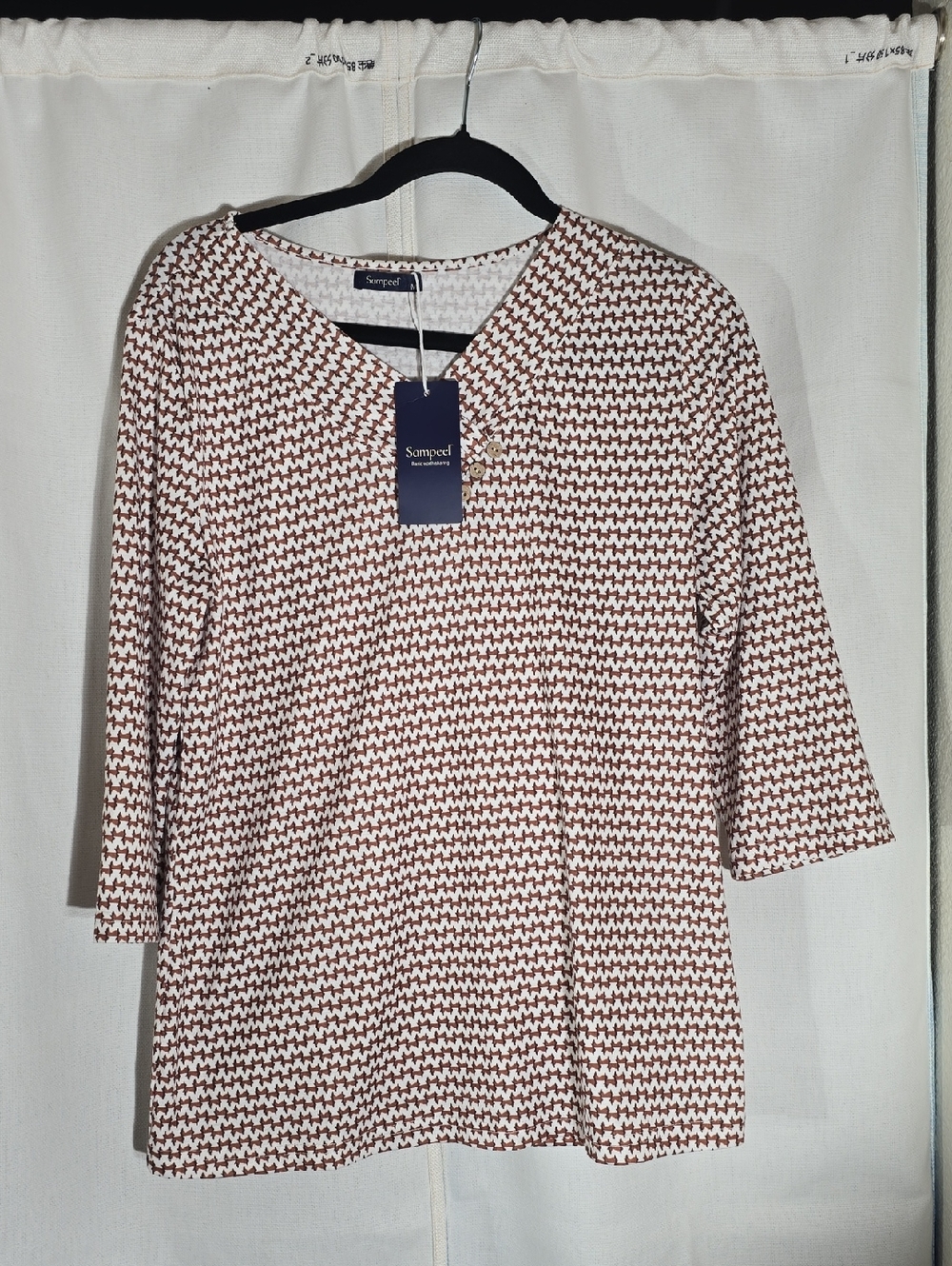 Simpeel Brown & White Patterned V-Neck Top